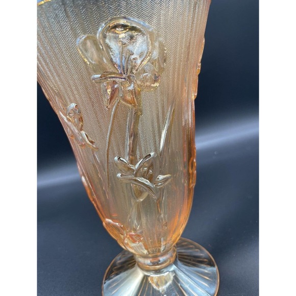 Vintage Jeanette Carnival/Depression Glass Vase Marigold Herringbone Iris - Picture 7 of 10